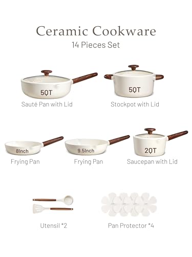 CAROTE Ceramic Cookware Sets, Pots and Pans Set Non stick, Non Toxic Healthy Induction Cookware, 14 Pcs Nonstick Kitchen Pots and Pans Set, PFAS PTFE Free, Dishwasher Safe