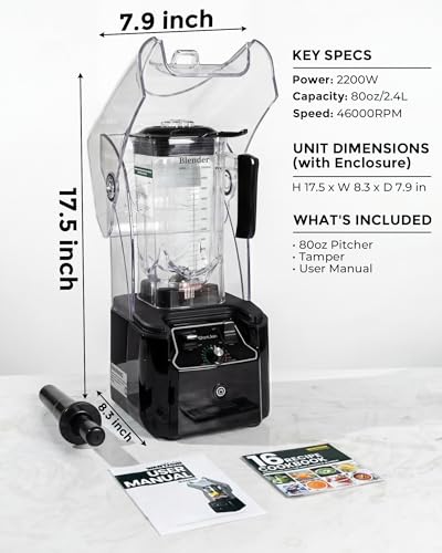 WantJoin Professional Commercial Blender With Shield Quiet Sound Enclosure 2200W Industries Strong and Quiet Professional-Grade Power, Self-Cleaning, Black