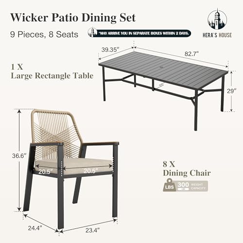 HERA'S HOUSE 9 Pieces Outdoor Dining Set, Patio Table and Chairs for 8, 8 x Cushioned Rattan Patio Chairs and 1 x 83 Large Rectangle Dining Table, Outdoor Dining Table Set for Lawn Garden