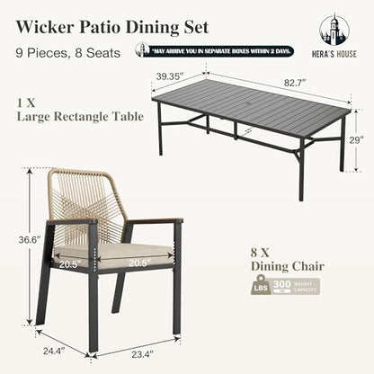 HERA'S HOUSE 9 Pieces Outdoor Dining Set, Patio Table and Chairs for 8, 8 x Cushioned Rattan Patio Chairs and 1 x 83 Large Rectangle Dining Table, Outdoor Dining Table Set for Lawn Garden