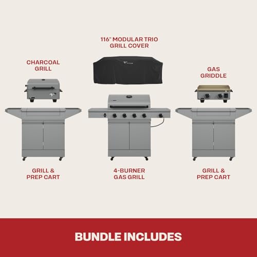 Tytus Anaheim 4-Burner Gas Grill with Two Prep Carts, Charcoal Grill, and Gas Griddle with Cover - Modular Outdoor Kitchen, Quick Assembly, Outdoor Cooking, Kitchen Island for BBQ