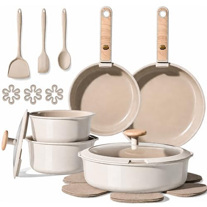 CAROTE Nonstick Pots and Pans Set, Cookware Set Detachable Handle, 19 Pcs Induction Kitchen Cookware Sets Non Stick with Removable Handle, RV Cookware Set, Oven Safe, Elegant White, Mothers Day Gifts