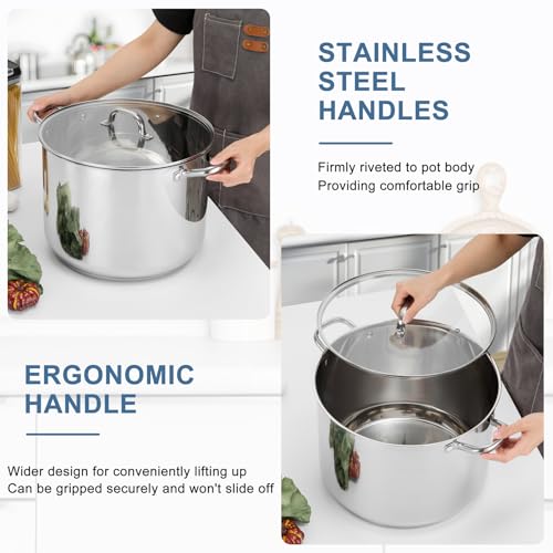 TeamFar Stainless Steel Stock Pot, 24QT Large Stockpot Tri-ply Bottom Cooking Soup Pot with Glass Lid, for Induction Gas Glass Stovetops, Non Toxic & Heavy Duty, Large Size & Easy Clean