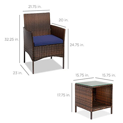 Best Choice Products 3-Piece Outdoor Wicker Conversation Bistro Set, Space Saving Patio Furniture for Garden w/Side Table - Brown/Navy