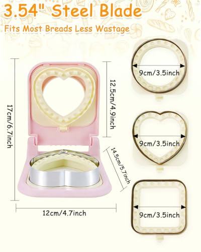 3-in-1 Uncrustable Sandwich Maker - Heart/Circle/Square Crustless Sandwich Cutter & Sealer for Kids' Lunch, Breakfast & Lunchboxes | BPA-Free Uncrustable Press, Easy Clean (3-Shape Pink)
