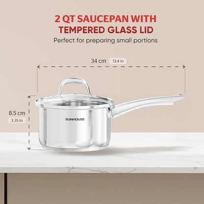 Sunhouse 2 QT Stainless Steel Sauce Pan with Lid, Small Pot for Cooking, PFOA-Free, Advanced Impact Bonding Induction Base Mini Saucepan, Compatible with Induction, Ceramic, Gas