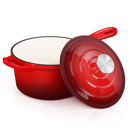 E-far Enameled Cast Iron Sauce Pan, 2 Quart Dutch Oven Saucepan with Lid, Small Sauce Pot for Cooking, Boiling, Healthy & Non Toxic, Induction & Oven Safe, Red