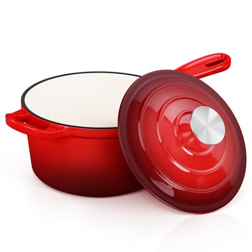 E-far Enameled Cast Iron Sauce Pan, 2 Quart Dutch Oven Saucepan with Lid, Small Sauce Pot for Cooking, Boiling, Healthy & Non Toxic, Induction & Oven Safe, Red