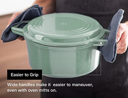 Misen 7 QT Enameled Cast Iron Dutch Oven - Chip-Resistant Enamel Coating - Thick Iron Core For Heat Retention - Large Cooking Surface - Oven Safe, Induction Compatible - Grill and Silicone Lid, Green