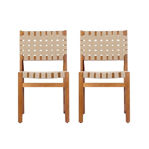 Christopher Knight Home Balew Acacia Wood Patio Dining Set for 4, Solid Wood Outdoor Dining Table Set for 4, 5 Piece Outdoor Dining Set with Rectangular Table and Woven Rope Accents, Teak+Beige