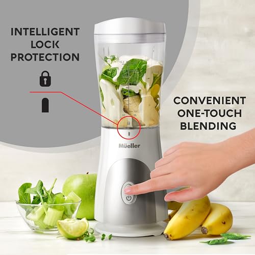 Mueller Heavy-Duty Personal Blender for Shakes and Smoothies with a 15 Oz Travel Cup and Lid, Juices, Baby Food, Portable Blender & Food Processor, White