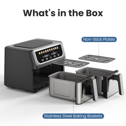 OLIXIS Dual Air Fryers with 2 Baskets 9.5 Quarts Large Airfryer 10-in-1
