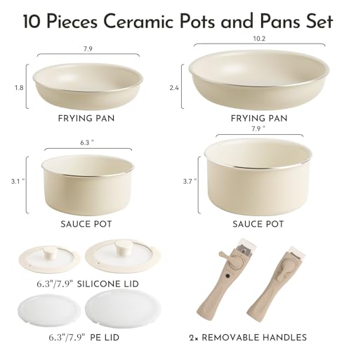 Heapsion 18-Piece Ceramic Nonstick Cookware Set, PFAS/PFOA/PTFE-Free & Non-Toxic Pots and Pans Set with Detachable Handles, Dishwasher Safe & Induction Compatible for Kitchen & RV Cooking
