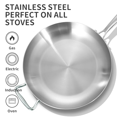 Bzayeat 13-Inch Tri-Ply Stainless Steel Frying Pan with Lid & Detachable Handle - Induction Compatible Skillet, Oven & Dishwasher Safe, Ideal for Frying, Sautéing & Simmering