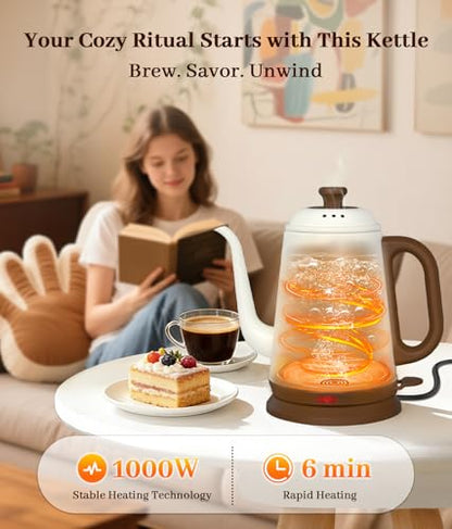 YTLAD Gooseneck Electric Kettle 1L, 1000W Fast Boiling for Pour-Over Coffee & Tea, 304 Stainless Steel BPA-Free, Precise Flow Spout, Auto Shut-Off & Boil-Dry Protection, Retro Style (White)