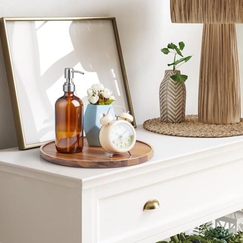 12 Inch Acacia Wood Round Tray, Wooden Decorative Serving Coffee Table Tray Centerpiece Candle Holder for Farmhouse Kitchen Dining Room Home Decor Coffee Table Decor and Accessories
