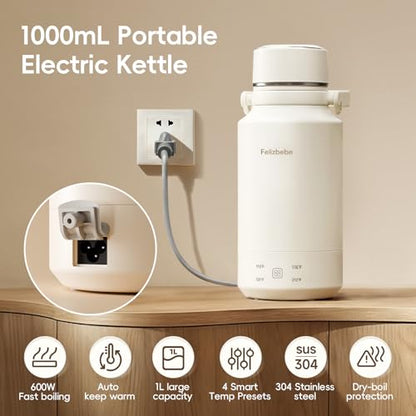 Felizbebe 33.8 Oz/1000mL Portable Electric Kettle,304 Stainless Steel Travel Kettle Electric,4 Temp Settings with Holding Heat,600W Fast Boiling Water with Auto Shut-Off and Boil Dry Protection