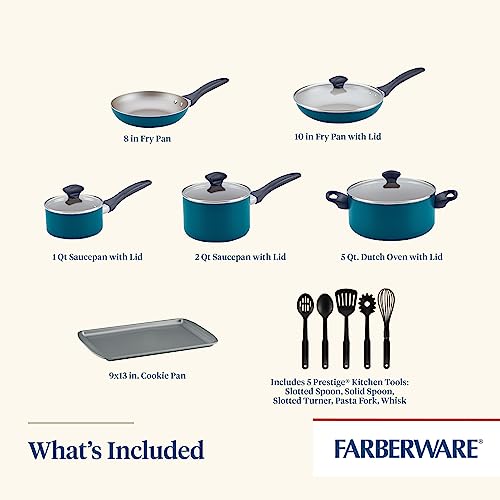 Farberware Dishwasher Safe Aluminum Nonstick Cookware Pots and Pans Set, 15-Piece, Teal
