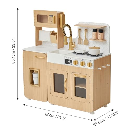 Teamson Kids Little Chef Cyprus Medium Wooden Play Kitchen with Interactive, Realistic Features, and 14 Kitchen Accessories for 3yrs and up, Light Oak/Faux White Marble/Gold