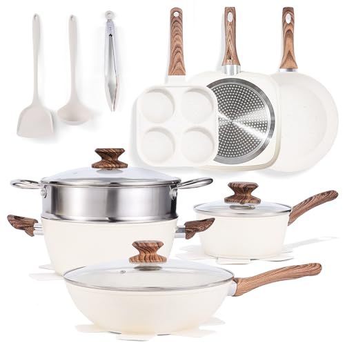 NEWBULIG 17-Piece Nonstick & Non-Toxic Pots and Pans Set, Cookware with Stay-Cool Handles, Induction Compatible, Cream White