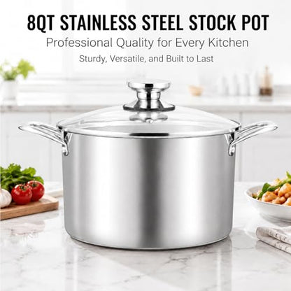 TeamFar 8 Quart Stock Pot, Stainless Steel Tri-ply Stockpot Pasta Cooking Pot with Glass Lid, for Induction Electric Gas Ceramic Stoves, Toxic Free & Heavy Duty, Double Handles & Dishwasher Safe
