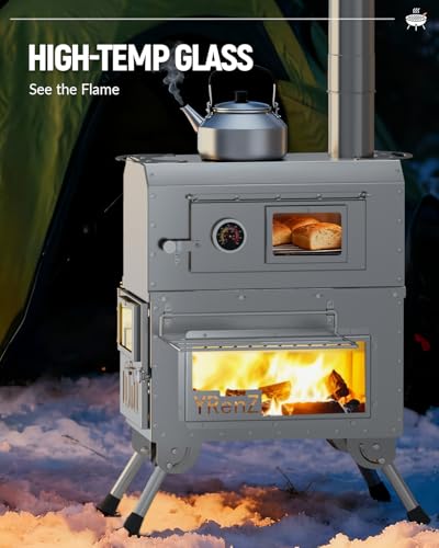 YRenZ Tent Stove Wood Stove with Oven – 2-in-1 Dual-Use Outdoor Camping Oven for Tent Cooking, Stainless Steel High Temperature Stove, Glass Door, Anti-Slip Feet, Full Accessories