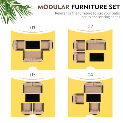 Shintenchi 4 Piece Patio Furniture Set, Outdoor Rattan Conversation Set with Coffee Table, Outside Wicker Sectional Sofa Couch with Cushion, Brown and Khaki