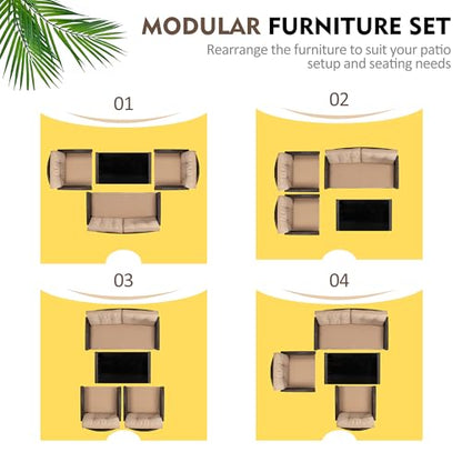 Shintenchi 4 Piece Patio Furniture Set, Outdoor Rattan Conversation Set with Coffee Table, Outside Wicker Sectional Sofa Couch with Cushion, Brown and Khaki