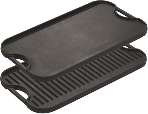 Lodge Pro-Grid Reversible Grill/Griddle - 20 Inches x 10.5 Inches - Dual-Sided Cast Iron Griddle - Double Burner Grill - Even Heat Distribution - PFAS-Free Non-Toxic Cookware