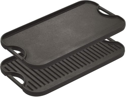 Lodge Pro-Grid Reversible Grill/Griddle - 20 Inches x 10.5 Inches - Dual-Sided Cast Iron Griddle - Double Burner Grill - Even Heat Distribution - PFAS-Free Non-Toxic Cookware