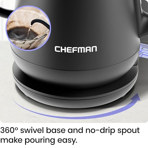 Chefman Gooseneck Electric Kettle, 0.8L Pour Over Tea Kettle for Coffee and Tea, One-Touch Operation, Boil-Dry Protection, Auto Shut-Off, Ultra-Fast Hot Water Boiler – Black