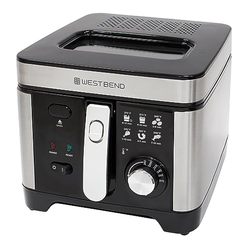 West Bend Deep Fryer with Adjustable Temperature Control Nonstick Basket Easy-View Window and Temperature Guide, Folding Handle and Locking Cover for Easy Storage, 3-Liter, Silver