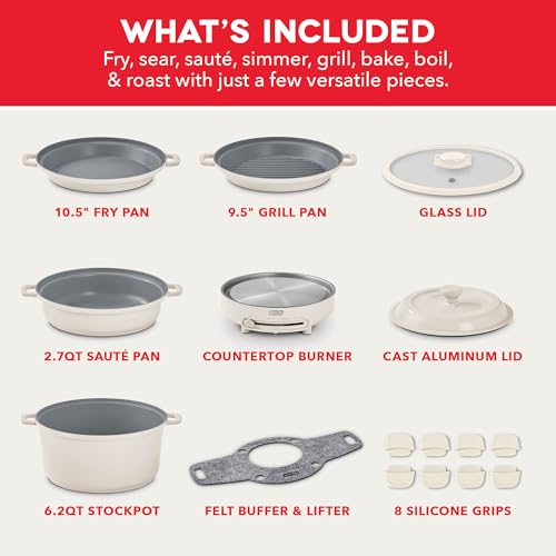 Dash Stacks Stacking Cookware Set with Electric Burner - Features CleanCoating™ Ceramic Nonstick Coating - Versatile, Nestable Pieces - Convenient Storage - Cream, 16-Piece