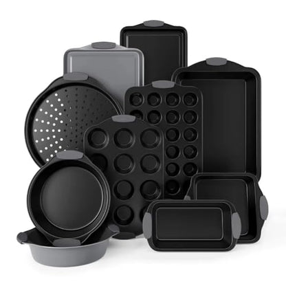 GOURMETIFIC® Nonstick Bakeware Set 10 Piece Black Oven Safe Baking Pans Sheets and Trays for Kitchen Cooking Essentials