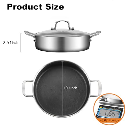 DELARLO Tri-Ply Stainless Steel 10 Inch Deep Frying Pan 3QT Saute Pan With Lid, Induction Compatible Chef Cooking Pan with lid, Dishwasher & Oven Safe