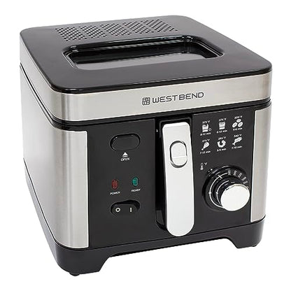 West Bend Deep Fryer with Adjustable Temperature Control Nonstick Basket Easy-View Window and Temperature Guide, Folding Handle and Locking Cover for Easy Storage, 3-Liter, Silver