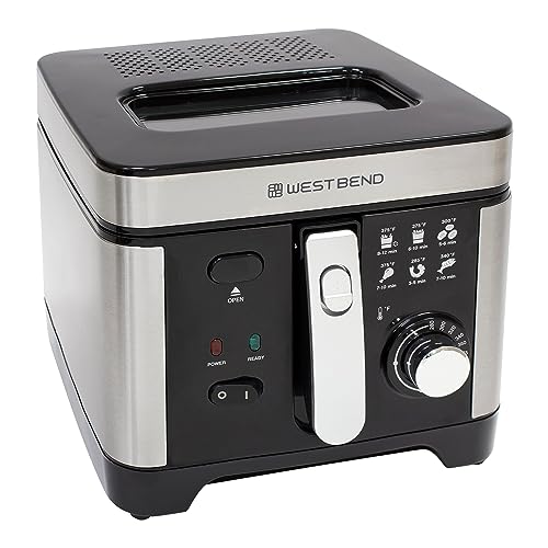 West Bend Deep Fryer with Adjustable Temperature Control Nonstick Basket Easy-View Window and Temperature Guide, Folding Handle and Locking Cover for Easy Storage, 3-Liter, Silver