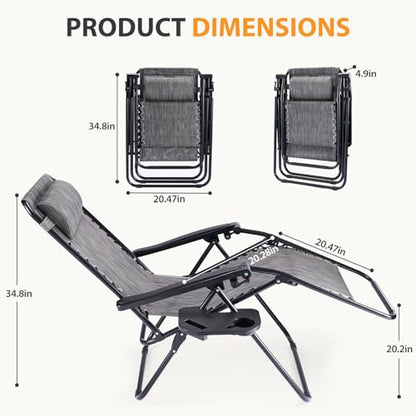 NEWBULIG Zero Gravity Chair Set of 2, Lounge Chair Folding Portable Adjustable Camping Reclining Chairs with Adjustable Pollow, Mesh Back, Cup Holder Trays Lawn Patio Chair for Pool Beach - Grey