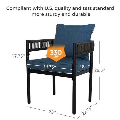 Grand patio Outdoor Dining Chair Set of 2, 2 Pieces Patio Dining Chairs, Metal Woven Wicker Fixed Patio Chairs with Peacock Blue Cushions for Backyard, Deck, Garden, Porch, Lawn and Poolside (Brown)