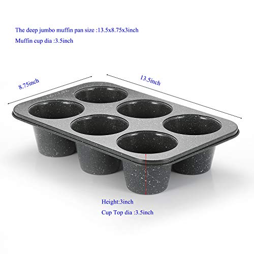 Monfish 2PCS Deep Jumbo Muffin Pan 6 Cup Carbon Steel Black Stone non Stick Coating Muffin Tin 3.5diax3 cup