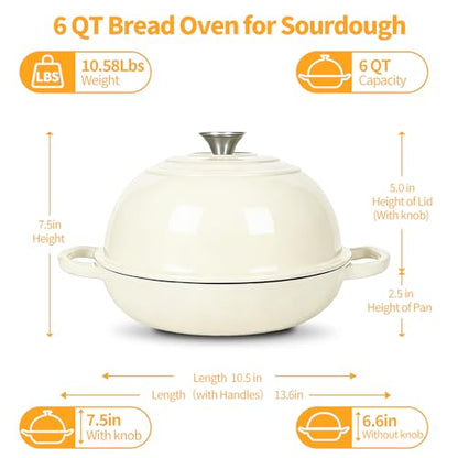 ONKO Dutch Oven For Sourdough Bread Baking, 6QT Enameled Cast Iron Dutch Oven Pot With Lid, Non-stick Sourdough Baking Pan with Bread Dome, Round Ceramic Dutch Ovens Pot with Cloche for Homemade
