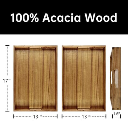 KITEISCAT 17-Inch Acacia Wood Serving Trays with Handles, Set of 2 – Decorative Wooden Trays for Coffee Table, Ottoman, Living Room, Breakfast & Appetizers – Sturdy & Elegant Serving Platters