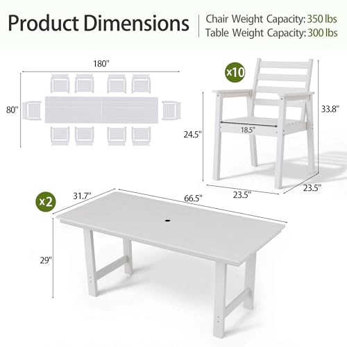 AZXZCS 12-Piece Outdoor Dining Set, All-Weather HDPE Patio Furniture, Two 66.5" Slatted Table with 1.6" Umbrella Hole & 10 Ergonomic Armchairs, Heavy Duty 350lbs Capacity, UV Resistant, White