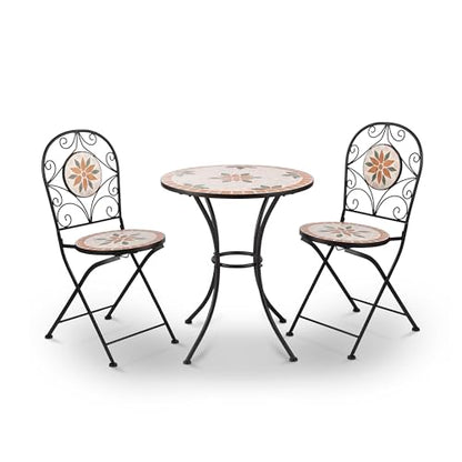 Alpine Corporation Indoor/Outdoor 3-Piece Mosaic Bistro Set Folding Table and Chairs Patio Seating, Tan