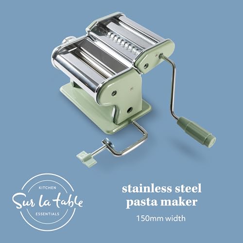 Sur La Table Kitchen Essential Va Bene Manual Pasta Maker Machine Noodle Maker w/Rollers & Cutters - Spaghetti, Fettuccini, Lasagna or Dumpling Skin - Stainless Steel/Juniper Green