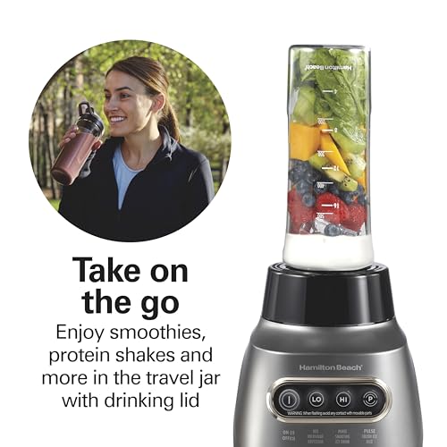 Hamilton Beach Wave Action Blender for Smoothies, Stainless Steel Ice Sabre Blades, 40oz Glass Jar, 20oz Blend-In Portable Travel Jar, 800 Watts, Quiet Design, Silver (58181)