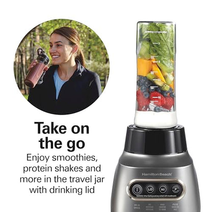Hamilton Beach Wave Action Blender for Smoothies, Stainless Steel Ice Sabre Blades, 40oz Glass Jar, 20oz Blend-In Portable Travel Jar, 800 Watts, Quiet Design, Silver (58181)