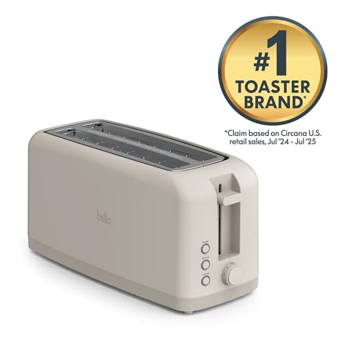 bella 4 Slice Slim Toaster, Fits-anywhere™ Kitchenware, 6 Setting Shade Control with Reheat & Cancel Buttons, Fits Sourdough, 10” Long Slot, Anti Jam & Auto Shutoff, 900 Watt, Oatmilk