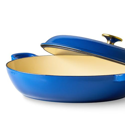 CAROTE 3.4QT Enameled Cast Iron Braiser Pan, Shallow Dutch Oven Casserole Skillets, Non-Toxic Cast Iron Pot with Lid for Grilling, Searing, Baking, Dual Handles, All Stovetop Compatible, Blue