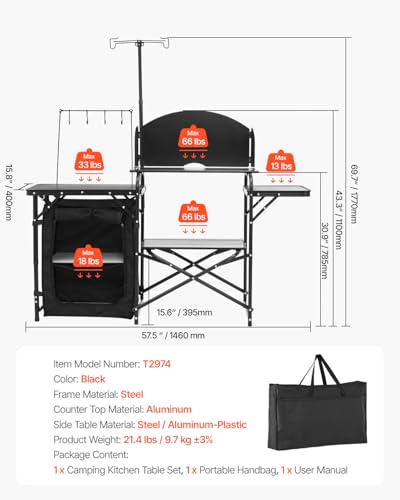 VEVOR Camping Kitchen Table, Outdoor Camp Cooking Table, Aluminum Portable Cook Station with Storage Cupboard, Carrying Bag, Detachable Windscreen, Quick Set-up for BBQ Party Picnic RV Travel, Black